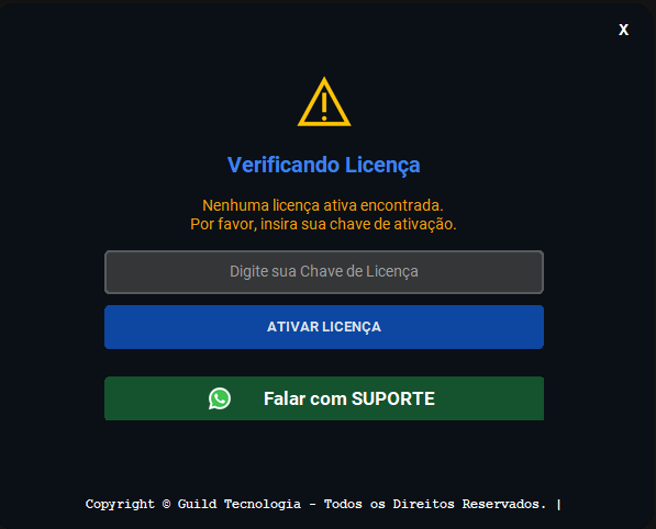Tela de ativação da licença