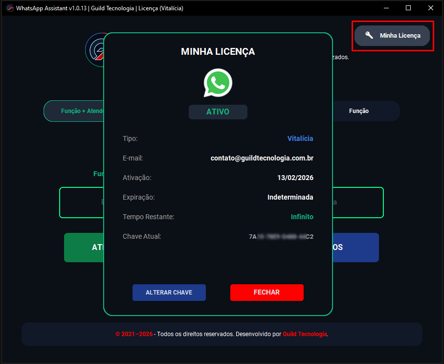 Informações da licença: validade e plano