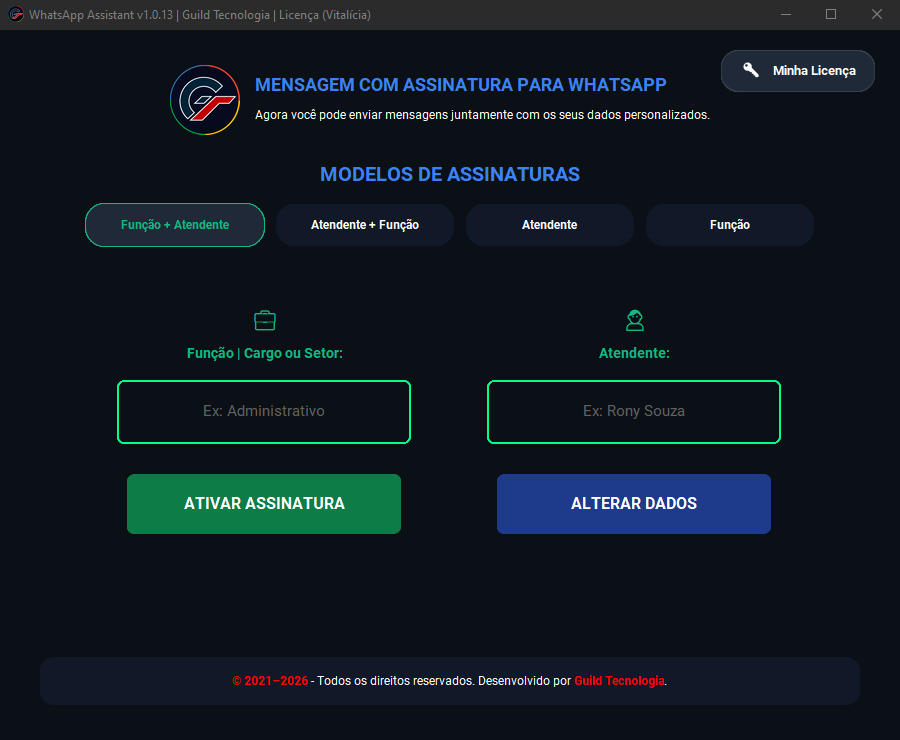 Tela inicial do WhatsApp Sign com os modelos de assinatura